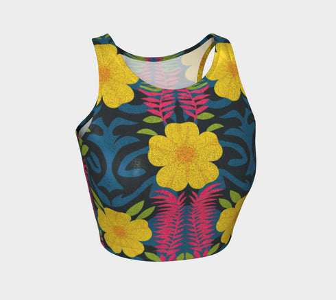 Honey Dazed Brand body-hugging racerback crop top featuring retro floral print with bright yellow flowers, pink geometric patterns, and blue swirls on dark background in performance knit fabric